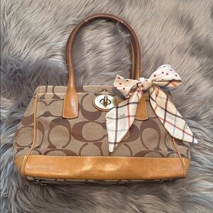 Coach Brown Signature Canvas Satchel with Leather Trim With Coach Bow Accent
